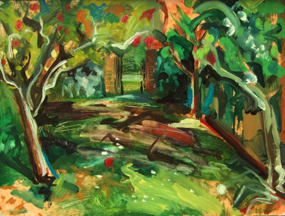 Apple Orchard Painting by Jenny Meehan aka jennyjimjams. Expressionistic landscape painting g of an orchard by Jenny Meehan 2009